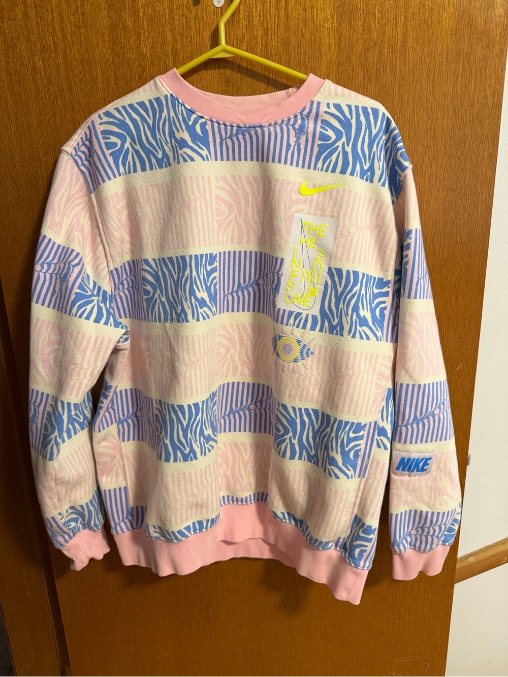 Nike Zebra-Print Crewneck Sweatshirt — Pastel Pink, Sky Blue & Neon Yellow